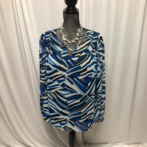 ana Blouse Womens Size XL Blue Black Gray Lined Sheer Long Sleeves Top Office